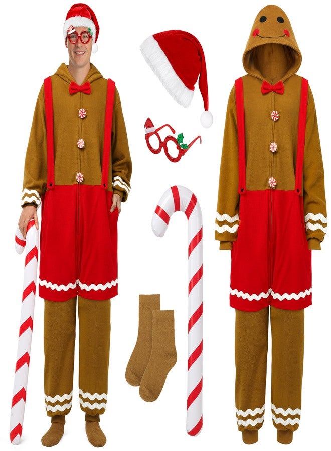 SOMSOC Men Gingerbread Onesie Pajamas Adult Flannel One-Piece Jumpsuit Christmas Hooded Sleepwear Homewear with Pockets - Image 1